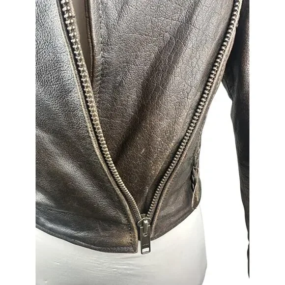 Unik Distressed Brown Leather Braided Moto Motorcycle Jacket Cross Zip Size XS - Picture 7 of 16